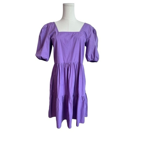 maude vivante Dresses & Skirts - Maude Vivante Square Neck Puff Sleeves Tiered Skirt 100% Cotton Purple Dress‎ S
